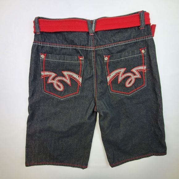 5IVE JUNGLE & CO BLACK DENIM SHORTS RED BELT - Picture 2 of 4